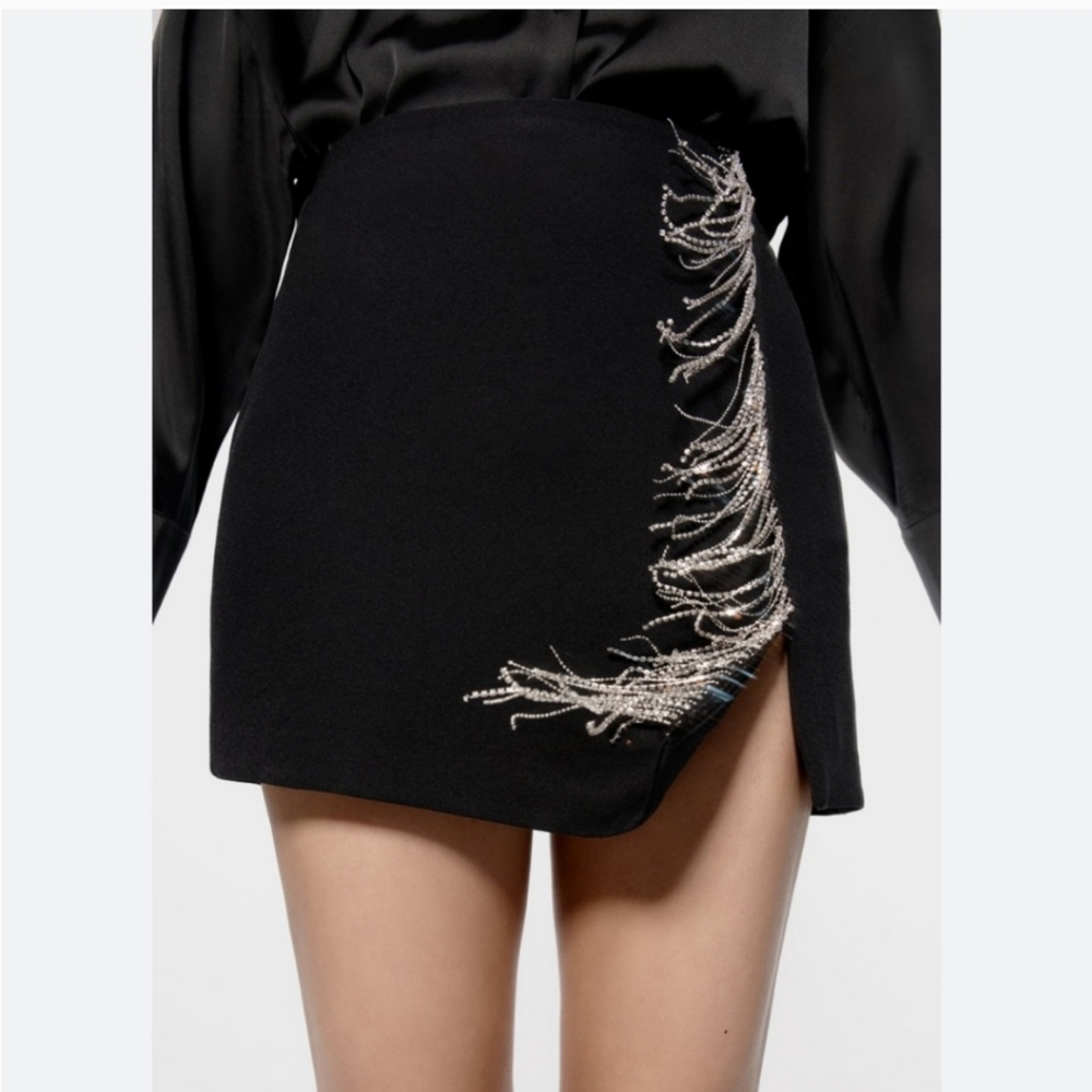 ZARA NEW Jewel Fringe Mini Skirt Size M Black Rhinestones